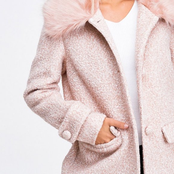 Pink Faux Fur Collar Wool Blend Single Breast Coat - Picture 7 of 10